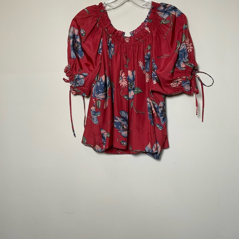 THE GREAT. Women’s S/M The Petunia Silk Top Garden Pasture Floral Puff Sleeves